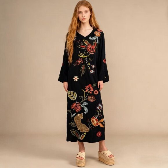 NWOT Johnny Was Isabella Embroidered Midi Tee Dress Cotton Knit 3/4 Sleeve L - Picture 1 of 14